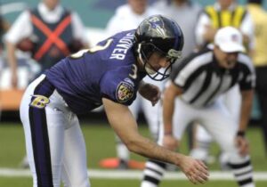 MIAMI, FL - JANUARY 4:  Kicker Matt Stover #3 of the Baltimore Ravens sets for a field goal attempt against the Miami Dolphins in an NFL Wildcard Playoff Game at Dolphins Stadium on January 4, 2009 in Miami, Florida.  (Photo by Al Messerschmidt/Getty Images)